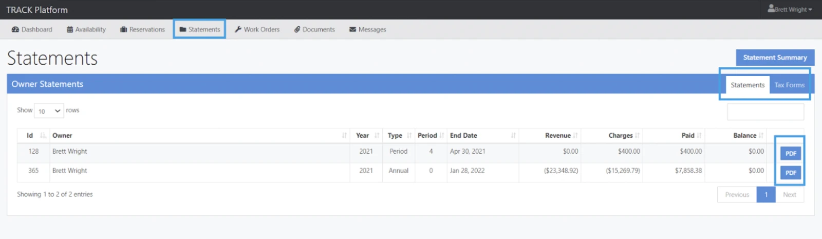 The image shows a TRACK Platform interface with "Owner Statements" for Brett Wright, displaying financial details and PDF download options.