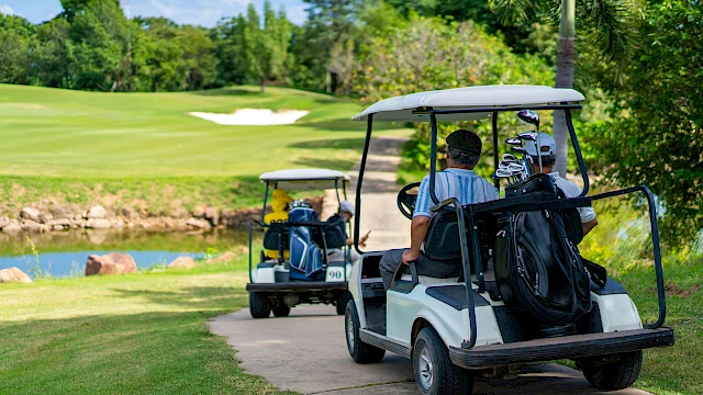 Two golf carts on a path near a lush green golf course, with players and clubs visible, surrounded by trees and a small water body.