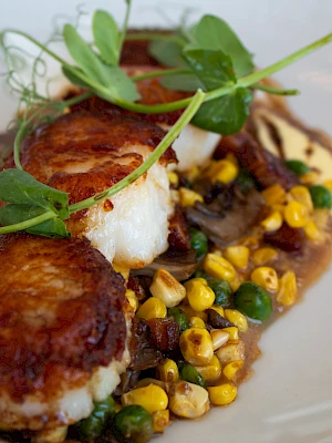 Seared scallops on a bed of corn, peas, and mushrooms, garnished with pea shoots.